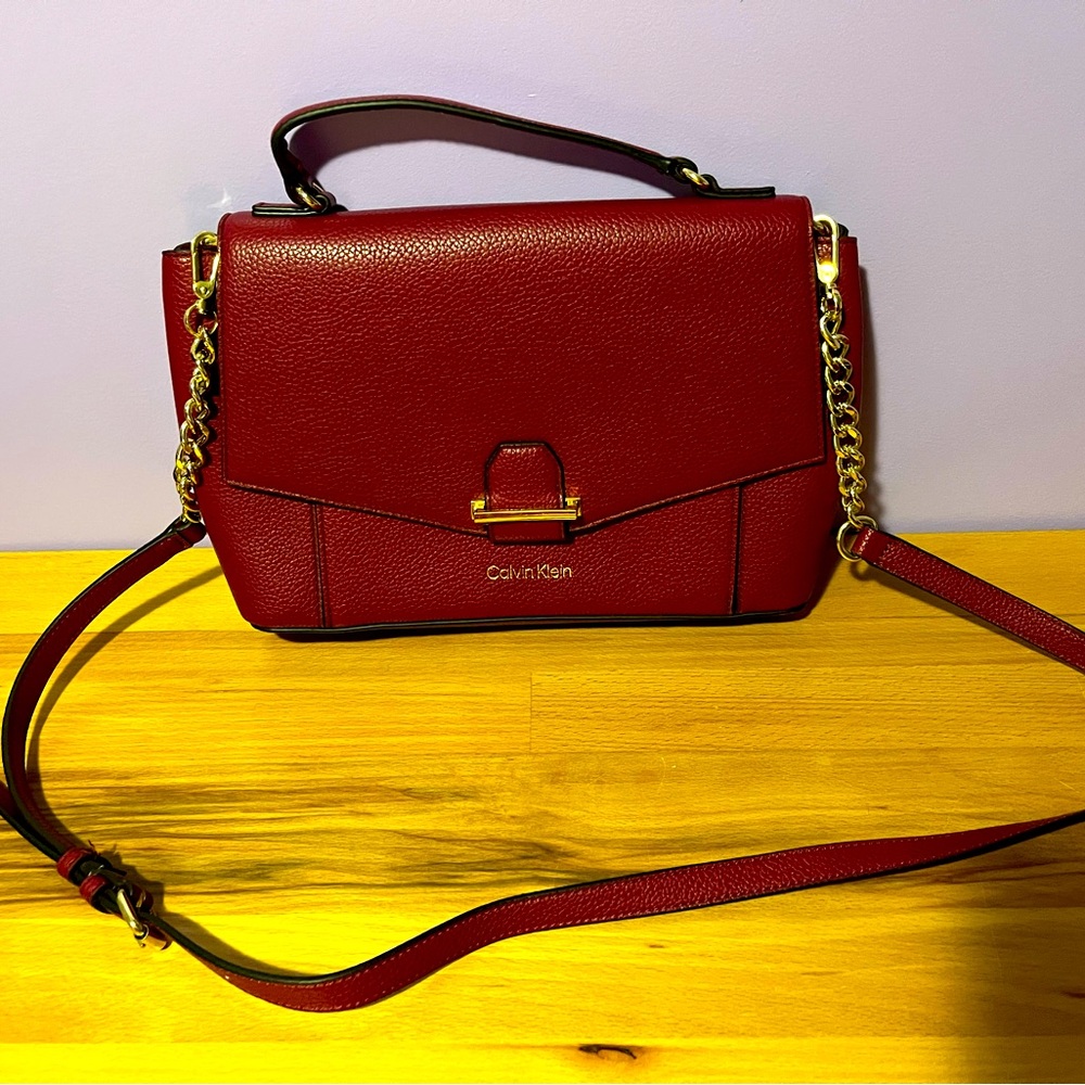 Calvin Klein CK Red Pebbled Crossbody Bag with goldtone accents